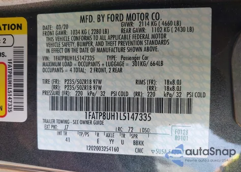 2020 Ford Mustang Ecoboost Premium из США, поврежденный, VIN 1FATP8UH1L5147335